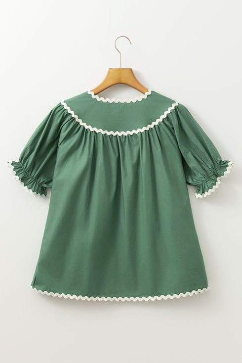 Tie Neck Ric Rac Trim Puff Sleeve Cotton Blouse
