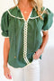 Tie Neck Ric Rac Trim Puff Sleeve Cotton Blouse