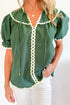 Tie Neck Ric Rac Trim Puff Sleeve Cotton Blouse