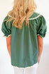 Tie Neck Ric Rac Trim Puff Sleeve Cotton Blouse