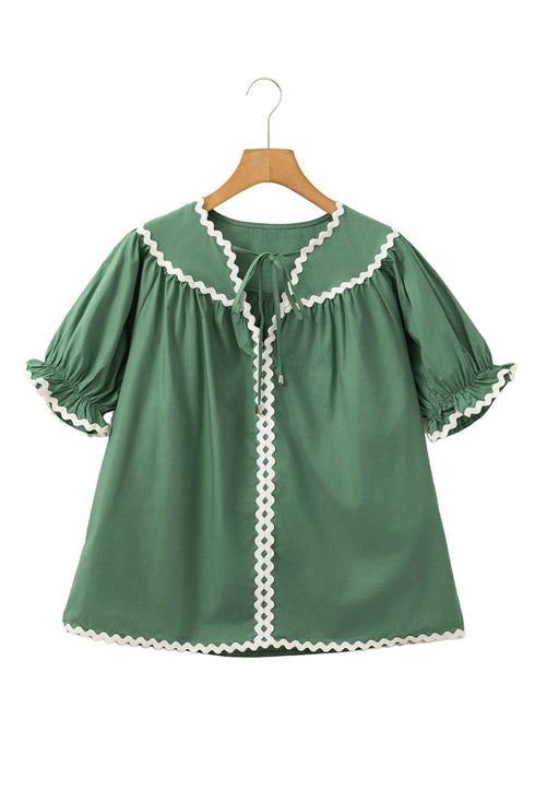 Tie Neck Ric Rac Trim Puff Sleeve Cotton Blouse
