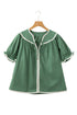 Tie Neck Ric Rac Trim Puff Sleeve Cotton Blouse