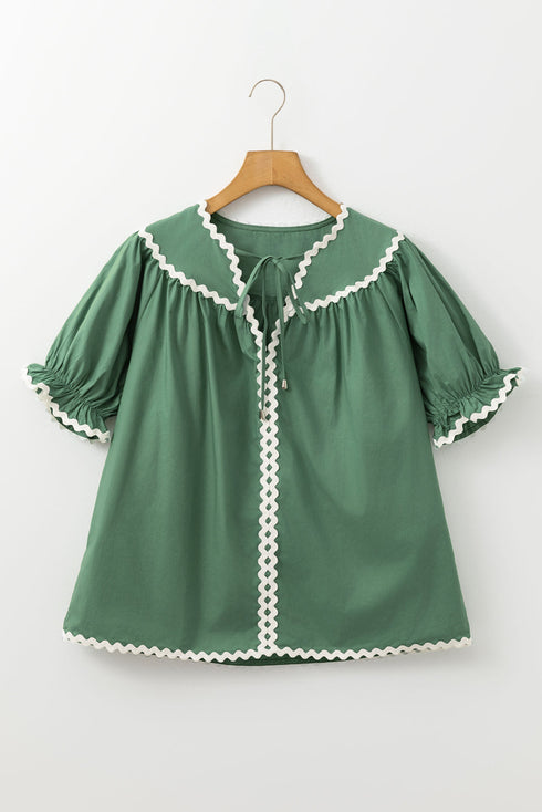 Tie Neck Ric Rac Trim Puff Sleeve Cotton Blouse