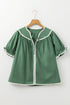 Tie Neck Ric Rac Trim Puff Sleeve Cotton Blouse