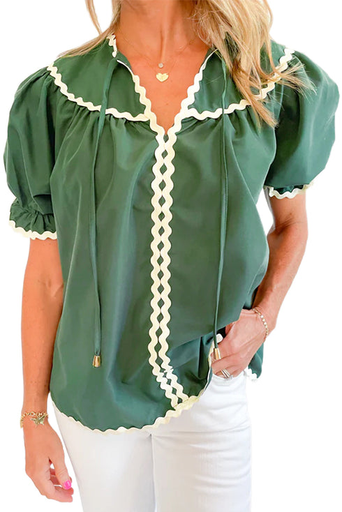 Tie Neck Ric Rac Trim Puff Sleeve Cotton Blouse