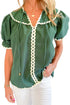 Tie Neck Ric Rac Trim Puff Sleeve Cotton Blouse