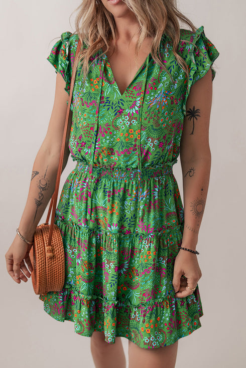 Tie Neck Ruffle Trim Tiered Short Floral Dress