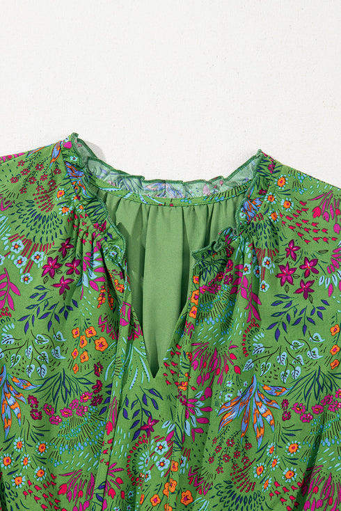 Tie Neck Ruffle Trim Tiered Short Floral Dress