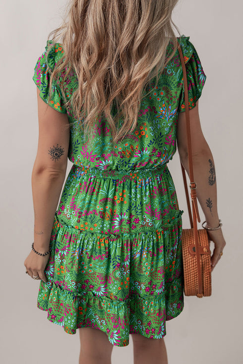 Tie Neck Ruffle Trim Tiered Short Floral Dress