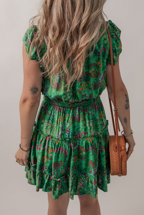 Tie Neck Ruffle Trim Tiered Short Floral Dress