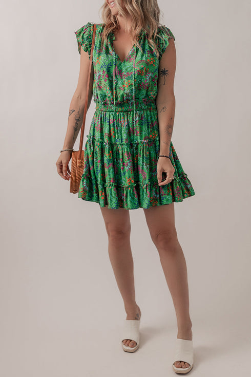 Tie Neck Ruffle Trim Tiered Short Floral Dress