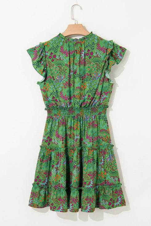 Tie Neck Ruffle Trim Tiered Short Floral Dress