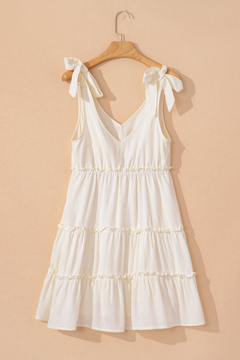 Tie Shoulder Textured Woven Tiered Babydoll Dress