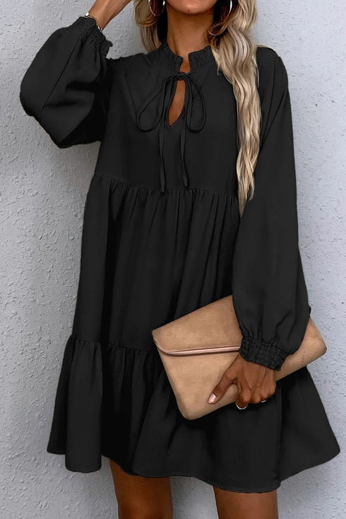 Tie Split Neck Smocked Puff Sleeve Ruffle Mini Dress
