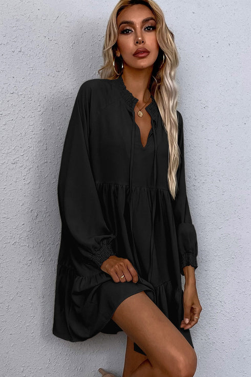 Tie Split Neck Smocked Puff Sleeve Ruffle Mini Dress