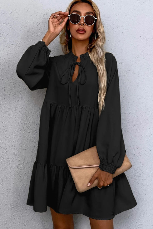 Tie Split Neck Smocked Puff Sleeve Ruffle Mini Dress
