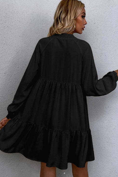 Tie Split Neck Smocked Puff Sleeve Ruffle Mini Dress