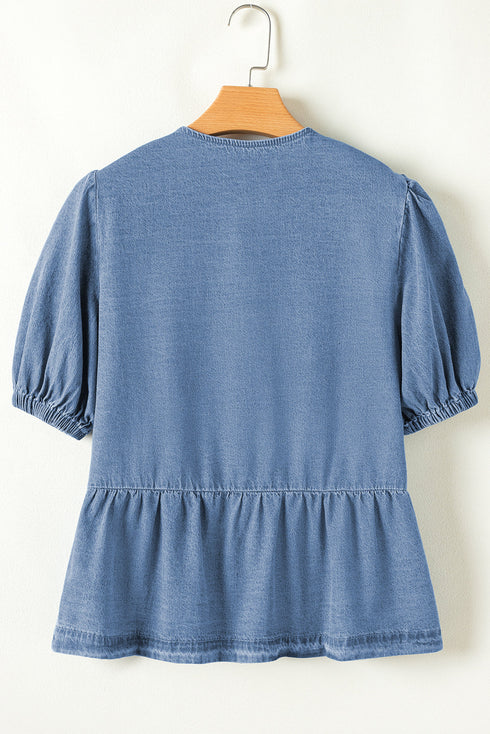 Tied Front Bow Bubble Sleeve Peplum Denim Shirt