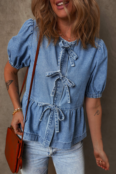 Tied Front Bow Bubble Sleeve Peplum Denim Shirt