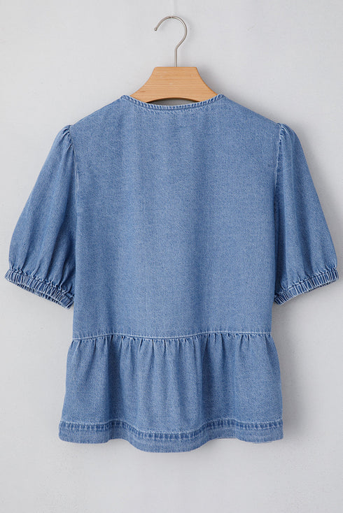Tied Front Bow Bubble Sleeve Peplum Denim Shirt