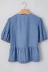 Tied Front Bow Bubble Sleeve Peplum Denim Shirt