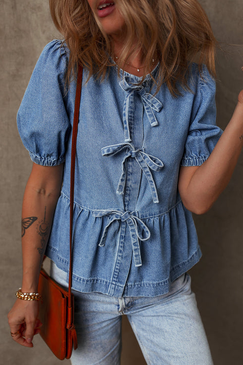 Tied Front Bow Bubble Sleeve Peplum Denim Shirt