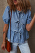 Tied Front Bow Bubble Sleeve Peplum Denim Shirt