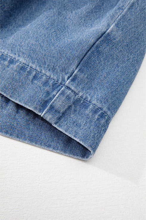 Tied Front Bow Bubble Sleeve Peplum Denim Shirt