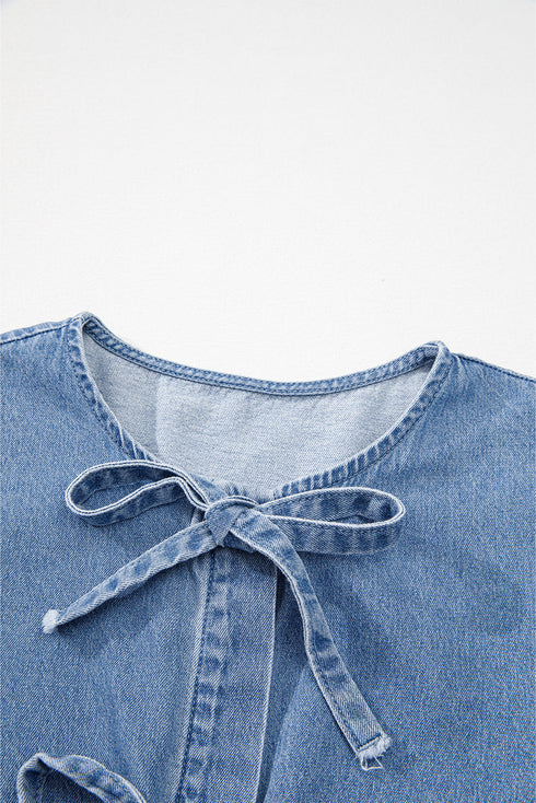 Tied Front Bow Bubble Sleeve Peplum Denim Shirt