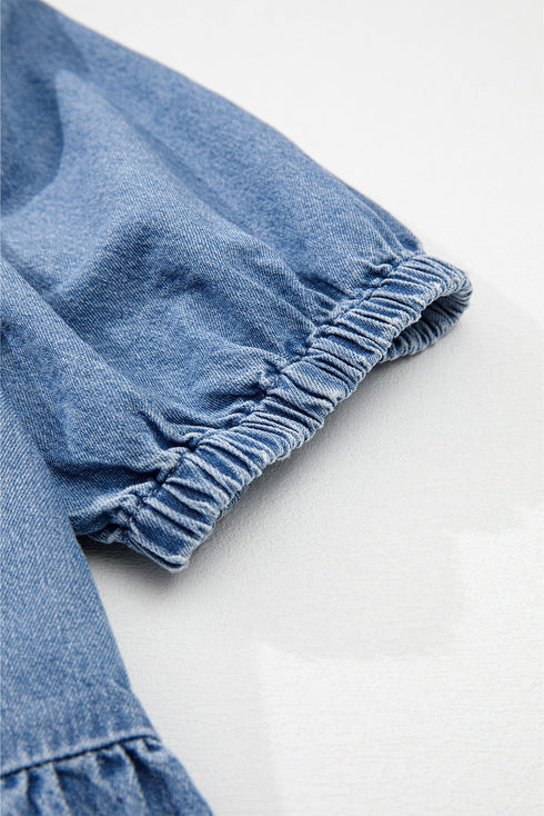 Tied Front Bow Bubble Sleeve Peplum Denim Shirt