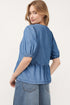 Tied Front Bow Bubble Sleeve Peplum Denim Shirt