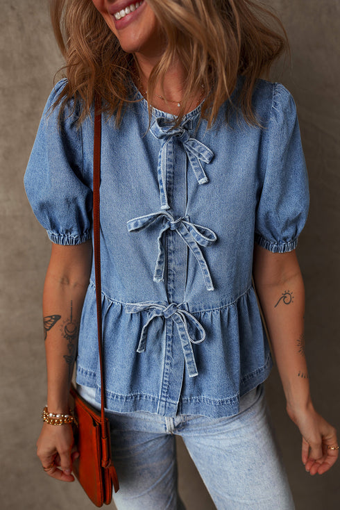 Tied Front Bow Bubble Sleeve Peplum Denim Shirt