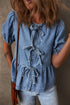 Tied Front Bow Bubble Sleeve Peplum Denim Shirt