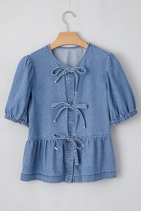 Tied Front Bow Bubble Sleeve Peplum Denim Shirt