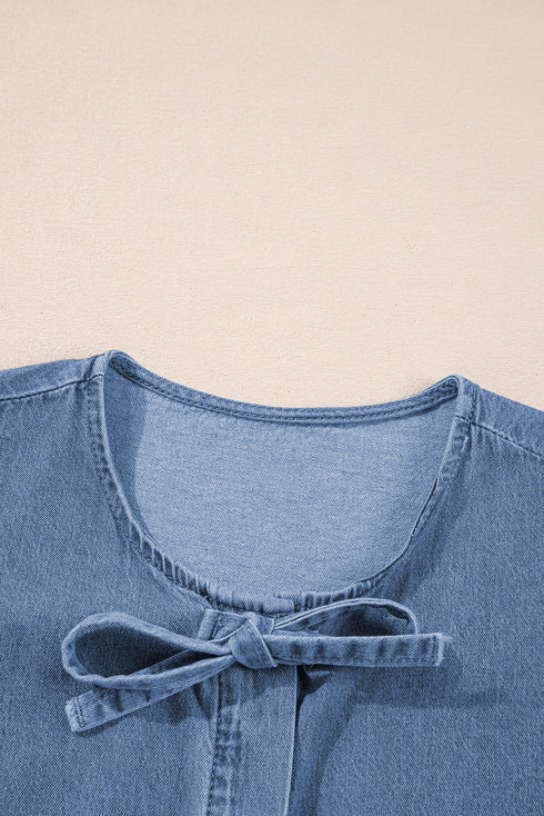 Tied Front Bow Bubble Sleeve Peplum Denim Shirt