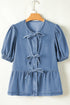Tied Front Bow Bubble Sleeve Peplum Denim Shirt
