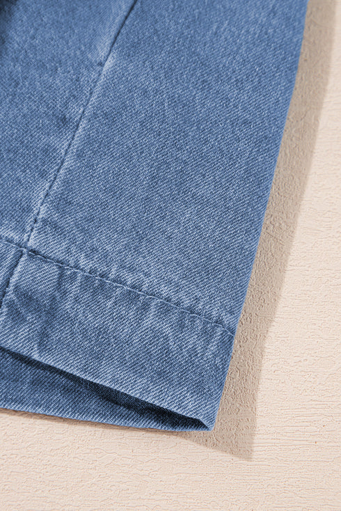Tied Front Bow Bubble Sleeve Peplum Denim Shirt