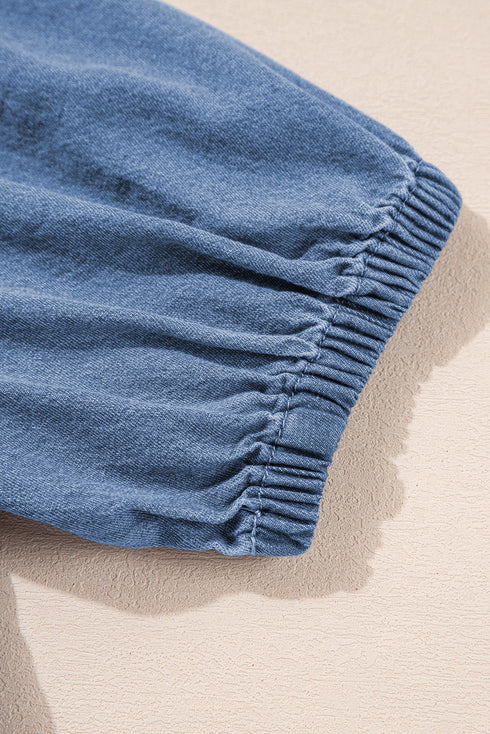 Tied Front Bow Bubble Sleeve Peplum Denim Shirt
