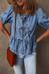 Tied Front Bow Bubble Sleeve Peplum Denim Shirt