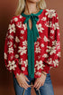 Tied Neck Shirred Puff Sleeve Floral Trim Blouse