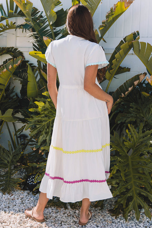 Tiered Button Front Pom Pom Accent Shirt Dress