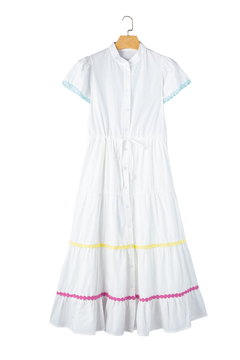 Tiered Button Front Pom Pom Accent Shirt Dress