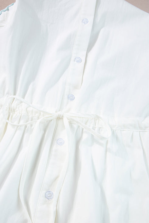 Tiered Button Front Pom Pom Accent Shirt Dress