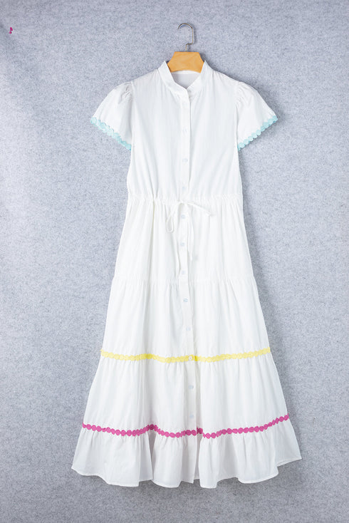 Tiered Button Front Pom Pom Accent Shirt Dress