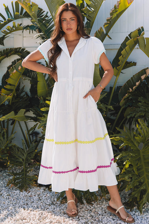 Tiered Button Front Pom Pom Accent Shirt Dress
