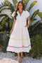 Tiered Button Front Pom Pom Accent Shirt Dress
