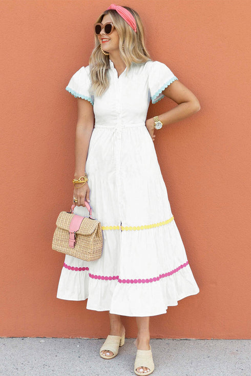 Tiered Button Front Pom Pom Accent Shirt Dress