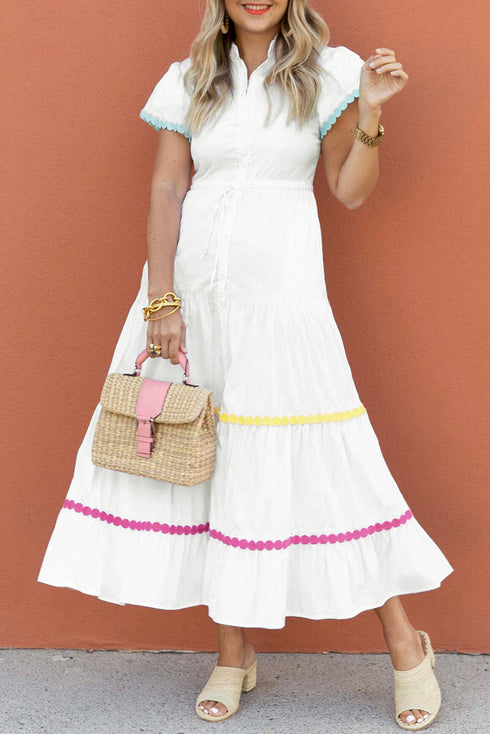 Tiered Button Front Pom Pom Accent Shirt Dress