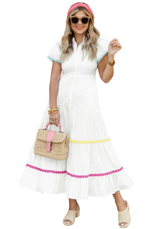 Tiered Button Front Pom Pom Accent Shirt Dress