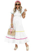 Tiered Button Front Pom Pom Accent Shirt Dress
